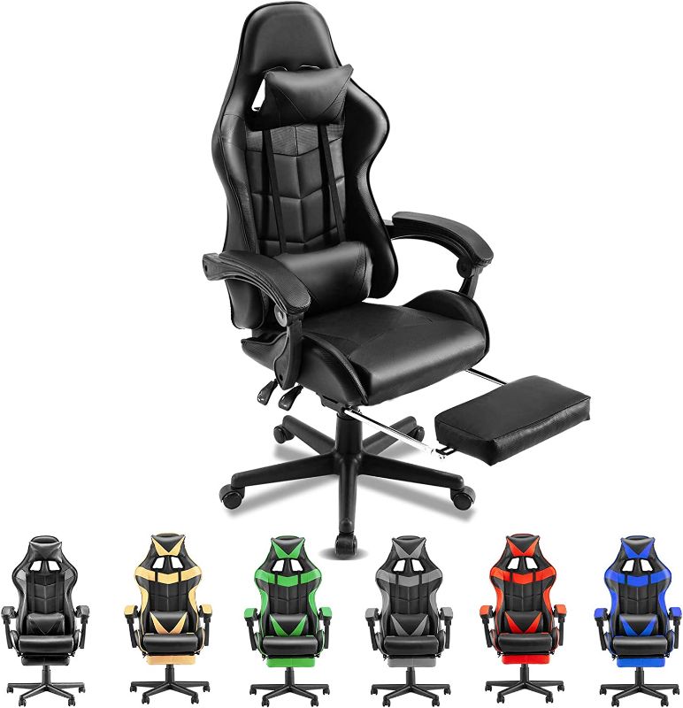 Photo 1 of  Soontrans Gaming Chairs with Footrest, PU Leather Office Chair, Gamer Chair,Ergonomic Game Chair with Height Adjustment, Lumbar Support (Carbon Black)
