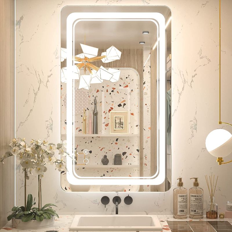 Photo 1 of ** NOT FUNCTIONAL** Keonjinn 40 x 24 Inch LED Mirror Bathroom Mirrors with Lights, Lighted Vanity Mirror, Wall Mounted Anti-Fog Dimmable Light Makeup Mirror, Rounded Arc Corner CRI 90+, Waterproof(Vertical/Horizontal)
