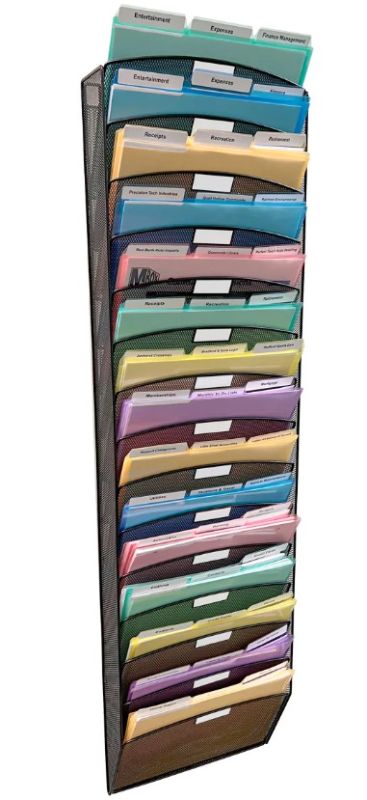 Photo 1 of Ultimate Office Mesh Wall File Organizer, 15 Tier Vertical Mount Hanging File Sorter, High Capacity Multipurpose Display Rack Includes 18, 3rd-Cut PocketFiles, Black
