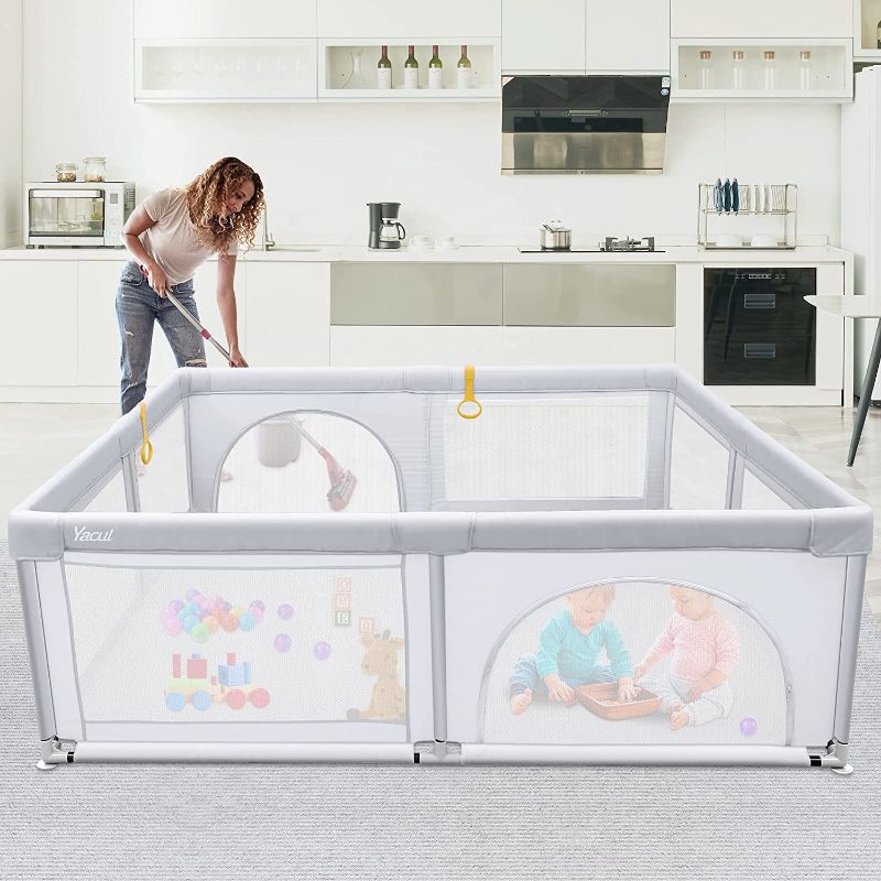 Photo 1 of Baby playpen, Play pens for Babies and Toddlers, 71x59x27 Inches Extra Large Play Yard with Gates, Sturdy Safety Infant Activity Center with Anti-Slip Suckers and Super Soft Breathable Mesh
