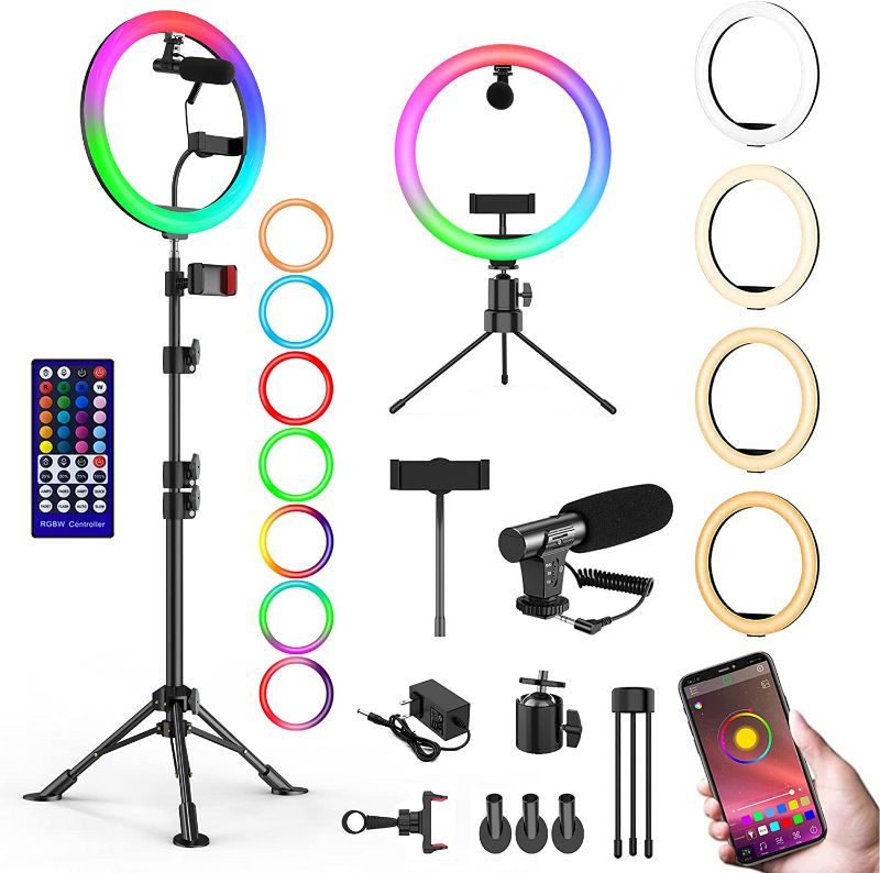 Photo 1 of 12" RGB Ring Light with 2 Stand 2 Phone Holder&Video Microphone, Selfie Ring Lights for TikTok YouTube Video Recording, LED Circle Lamp Tripod with Light for iphone/Phones/Cameras,Dual Wireless Remote
