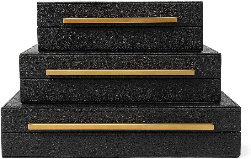 Photo 1 of Kingflux Faux Black Shagreen Leather Set of 3 Pcs Decorative Boxes, Storage Boxes Jewelry Organizer, Men's Accessory Organizer (Black)
