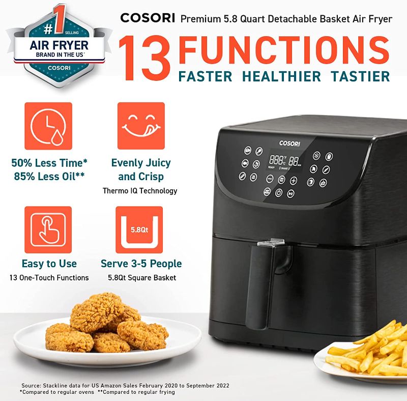 Photo 1 of COSORI Air Fryer Oven Combo 5.8QT Max Xl Large Cooker One-Touch Screen with 11 Precise Presets and Shake Reminder, Nonstick and Dishwasher-Safe Square Design Basket, Black
