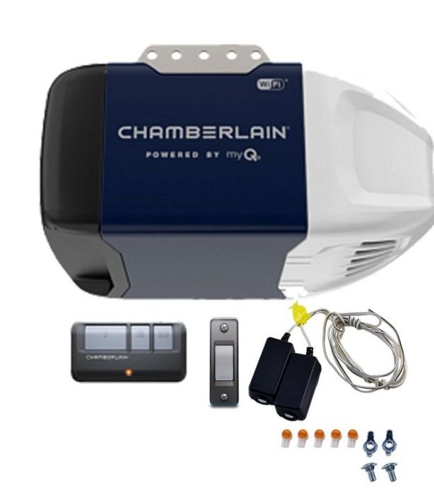 Photo 1 of CHAMBERLAIN C2102 Chain Drive Garage Door Opener with Wireless Remote Control, Push Button Opener, Safety Sensors, Light, and Security Encryption

