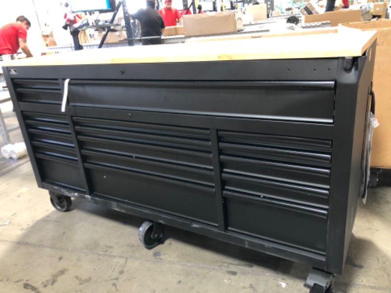 Photo 1 of Husky 72 in. W x 24 in. D Heavy Duty 18-Drawer Mobile Workbench Tool Chest with Adjustable-Height Hardwood Top in Matte Black