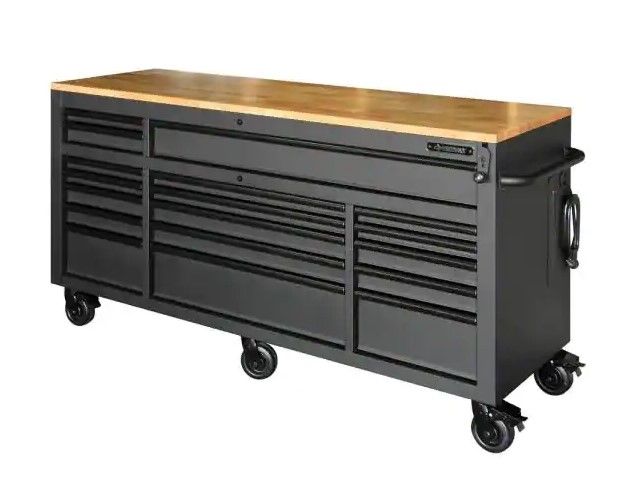 Photo 1 of Husky 72 in. W x 24 in. D Heavy Duty 18-Drawer Mobile Workbench Tool Chest with Adjustable-Height Hardwood Top in Matte Black