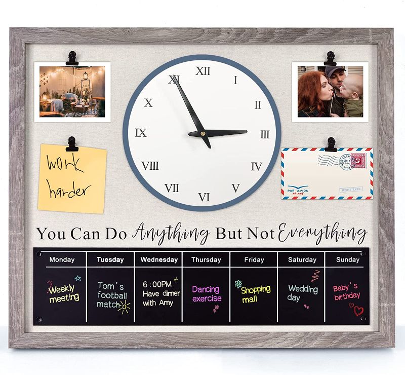 Photo 1 of 24"X20" Rustic Clock Picture Frame for Wall,Wood Frame with Blackboard Calendar,Collage Picture Frame 4x6 with Clips,DIY Picture Display Clock,Home Decor
