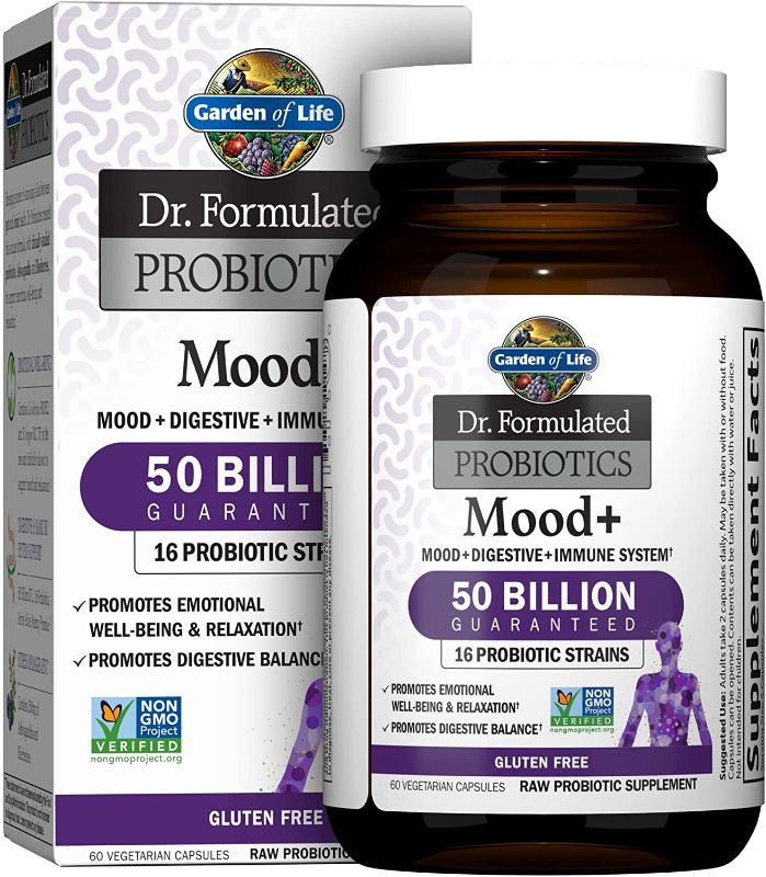 Photo 1 of (EXP 02/24) Garden of Life Dr. Formulated Probiotics Mood+ Acidophilus Probiotic Supplement - Promotes Relaxation and Digestive Balance - Ashwagandha for Stress Management - Non GMO, Gluten Free - 60 Veggie Caps

