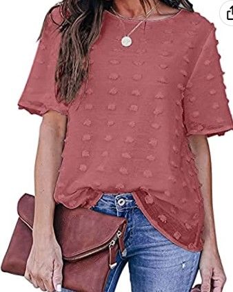 Photo 1 of Cisisily Women's Chiffon Blouse Swiss Dot Short Sleeve Sumemr Casual Crewneck Pom Pom Blouse Shirts Tops SMALL
