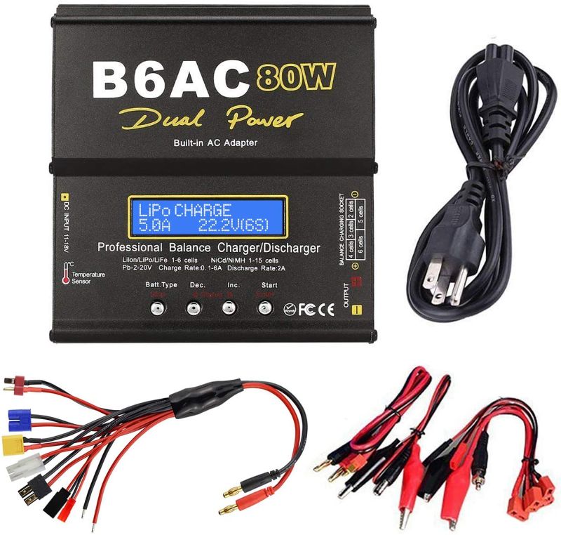 Photo 1 of  Lipo Battery Charger Balance Charger Discharger 1S-6S RC Battery Charger DC/AC Power Supply for NiMH/NiCD/Li-PO/Li-Fe/Li-ion/PB Packs w/ Tamiya/JST/EC3/HiTec/Deans Connectors