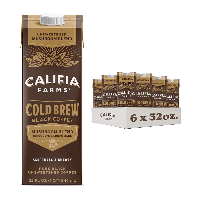 Photo 1 of (BB 08 2022) Califia Farms Cold Brew Pure Black Unsweetened Coffee, Mushroom Blend, 32 Fl. Oz (Pack of 6) 