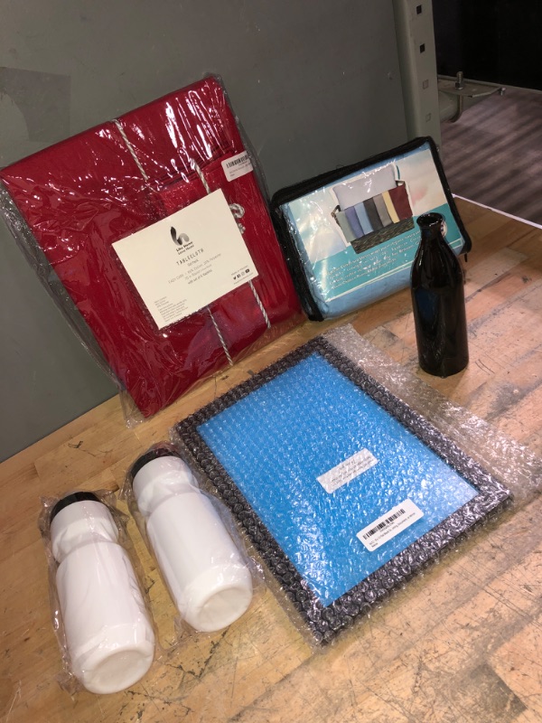 Photo 1 of **BUNDLE OF HOME GOODS-PIC FRAME-TABLECLOTH-FLOWER CASE/BED SHEETS/WATER BOTTLE**