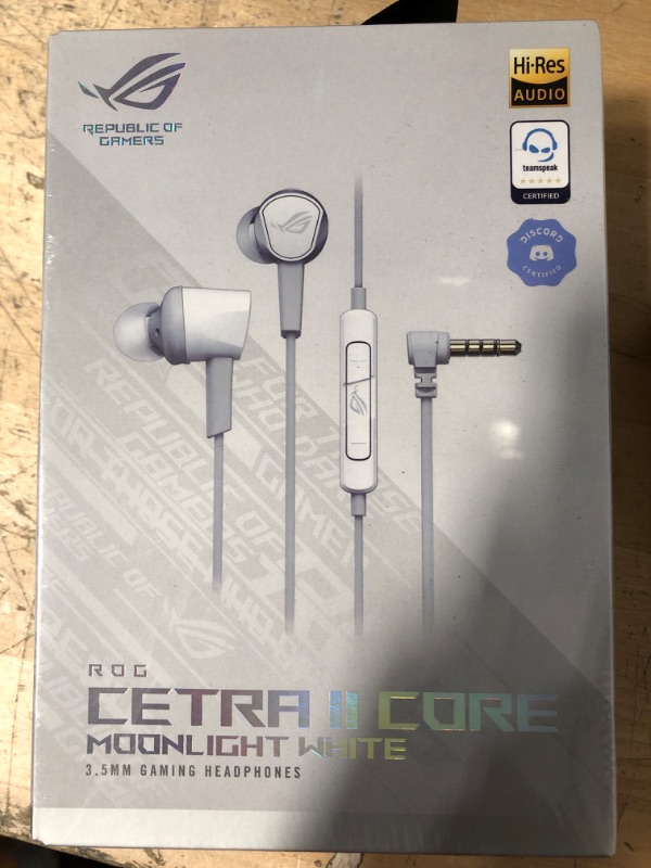 Photo 2 of ASUS ROG Cetra II Core Moonlight White in-Ear Gaming Earbuds | Liquid Silicone Rubber Drivers, 90° Cable Connector, Hi-Res Audio, 3.5 mm, for PC, Mac, PS4, PS5, Xbox One, Switch and Mobile Devices