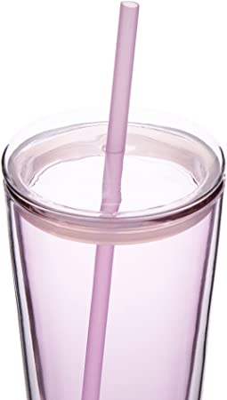 Photo 1 of 20 oz Glass Tumbler,600 ml Double Wall Travel Mug with Lid and 2 Straws (Pink)
