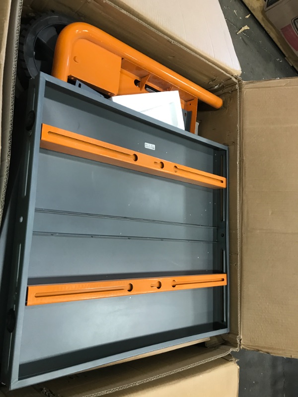 Photo 2 of ***MISSING COMPONENTS*** Bora Portamate - PM-8000 Miter Saw Stand Work Station | Mobile Rolling Table Top Workbench | Orange & Grey with Folding Wing Extensions Orange/Black
