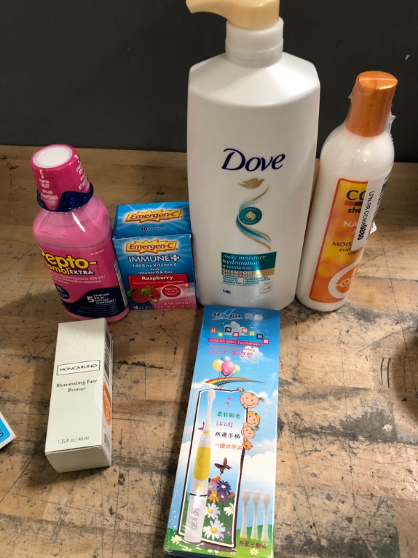 Photo 1 of **PERSONAL CARE BUNDLE***
PEPTO (7/22)
EMERGEN-C (6/23)
FACIAL PRIMER, DOVE SHAMPOO, CANTU CURL ACTIVATOR, KIDS SONIC TOOTHBRUSH 