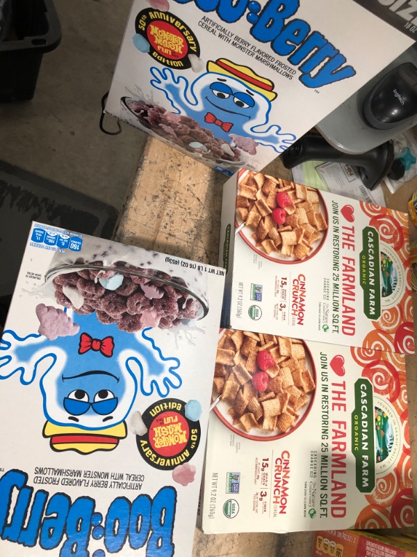 Photo 1 of **CEREAL BUNDLE****** NO RETURNS*** NO REFUNDS***
2 General Mills Cereals Boo Berry Cereal, 16 oz **BB5/15/2022**
2 Cascadian Farm Organic Cinnamon Crunch Cereal, Whole Grain Cereal, 9.2 oz**7/7/2022***