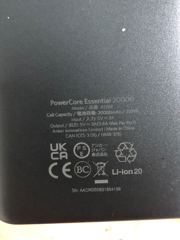 Photo 4 of Anker Portable Charger, 325 Power Bank (PowerCore Essential 20K) 20000mAh Battery Pack with High-Speed PowerIQ Technology and USB-C (Input Only) for iPhone, Samsung Galaxy, and More

