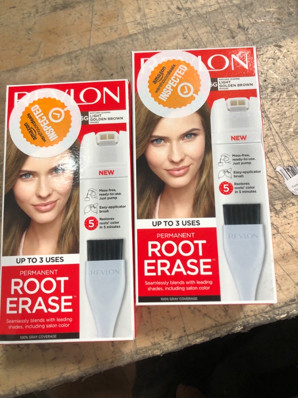 Photo 2 of 2 Revlon Root Erase Permanent Hair Color, At-Home Root Touchup Hair Dye with Applicator Brush for Multiple Use, 100% Gray Coverage, Light Golden Brown (6G), 3.2 oz ** bb 3/22***
