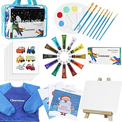 Photo 1 of  3-pack Kids Paint Set,28 Pieces Acrylic Paint Set with 6 Paint Brushes 6PCS 8x10 Painting Canvas Tabletop Easel & Waterproof Art Smock Paint Palette Color Mixing Chart (Acrylic Art Set)
