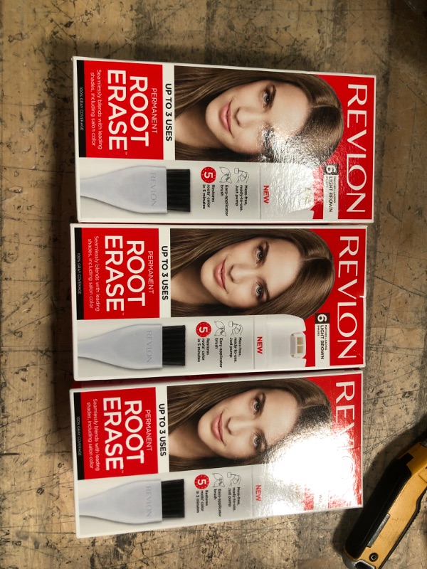 Photo 3 of 3 Permanent Hair Color by Revlon, Permanent Hair Dye, At-Home Root Erase with Applicator Brush for Multiple Use, 100% Gray Coverage, Light Brown (6), 3.2 Fl Oz
***bb 5/2022***