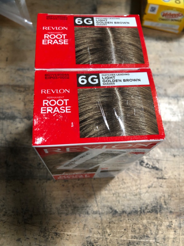 Photo 3 of 2 Revlon Root Erase Permanent Hair Color, At-Home Root Touchup Hair Dye with Applicator Brush for Multiple Use, 100% Gray Coverage, Light Golden Brown (6G), 3.2 oz
***bb 3/22***