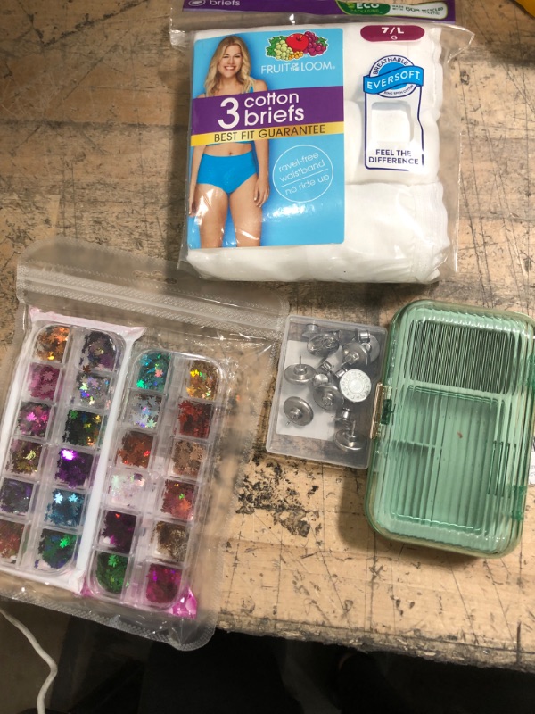 Photo 1 of *** women's personal bundle***
Fruit of the Loom Women's Cotton Brief Panties - 3 Pack size 7 large and nail glitters, replacement pants buttons, and traveling jewelry case