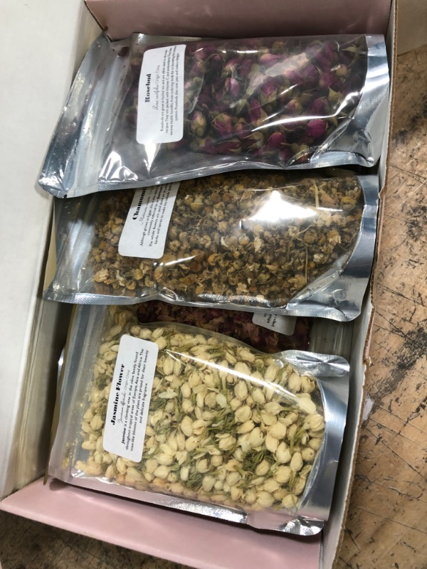 Photo 2 of bMAKER Bulk Botanical Flowers Kit, 6 Pack - Edible, Kosher Certified - 1.5 Cups Each of Jasmine, Rosebuds, Lavender, Marigold, Chamomile, Pink Rose Petals, 2 ml of Rose Absolute Essential Oil
