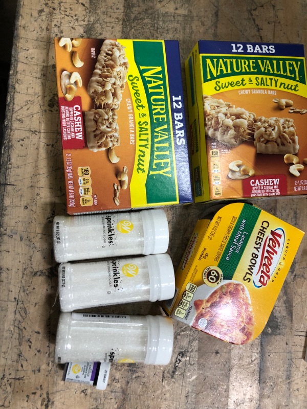 Photo 1 of **** FOOD BUNDLE*** *** NO RETURNS*** NO REFUNDS***
2 BOXES Nature Valley Granola Bars, Sweet and Salty Nut **BB6/20/22***
Velveeta Cheesy Bowls Lasagna with Meat Sauce, 9 oz ***BB 7/7/2022***
3Wilton White Sparkling Sugar, 8 oz.
1 Wilton Violet Icing Col