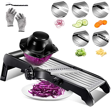 Photo 1 of Adjustable Mandoline Slicer,5 in 1 Stainless Steel Food Slicer, Kitchen Food Mandolin Vegetable Julienne Slicer Chopper Cutter for Fruits from Paper-Thin to 9mm-Send Safety Gloves and Brush