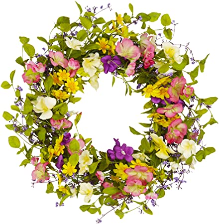 Photo 1 of 18 Inch Spring Summer Wreath for Front Door Artificial Floral Door Wreath with Vibrant Silk Flowers and Green Leaves for Home Farmhouse Holiday Decor