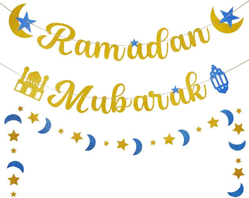 Photo 1 of 2 Gold Ramadan Mubarak Banner and Moon Star Lantern Garland Banner for Eid Ramadan Party Decorations, Ramadan Mubarak Festival Mantel Fireplace Home Indoor Outdoor Decor
