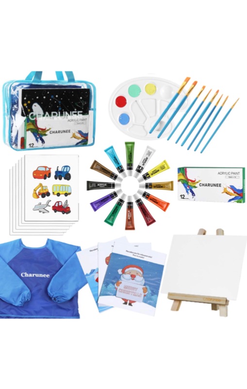 Photo 1 of 2 PACKS ***Kids Paint Set,28 Pieces Acrylic Paint Set with 6 Paint Brushes 6PCS 8x10 Painting Canvas Tabletop Easel & Waterproof Art Smock Paint Palette Color Mixing Chart (Acrylic Art Set)