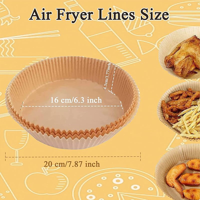 Photo 1 of 2- 100pcs Air Fryer Disposable Paper Liner, Non-stick Air Fryer Liners, Oil-proof, Water-proof, Natural Food Grade Parchment for Baking Roasting Microwave Frying Pan(Round, 6.3in)