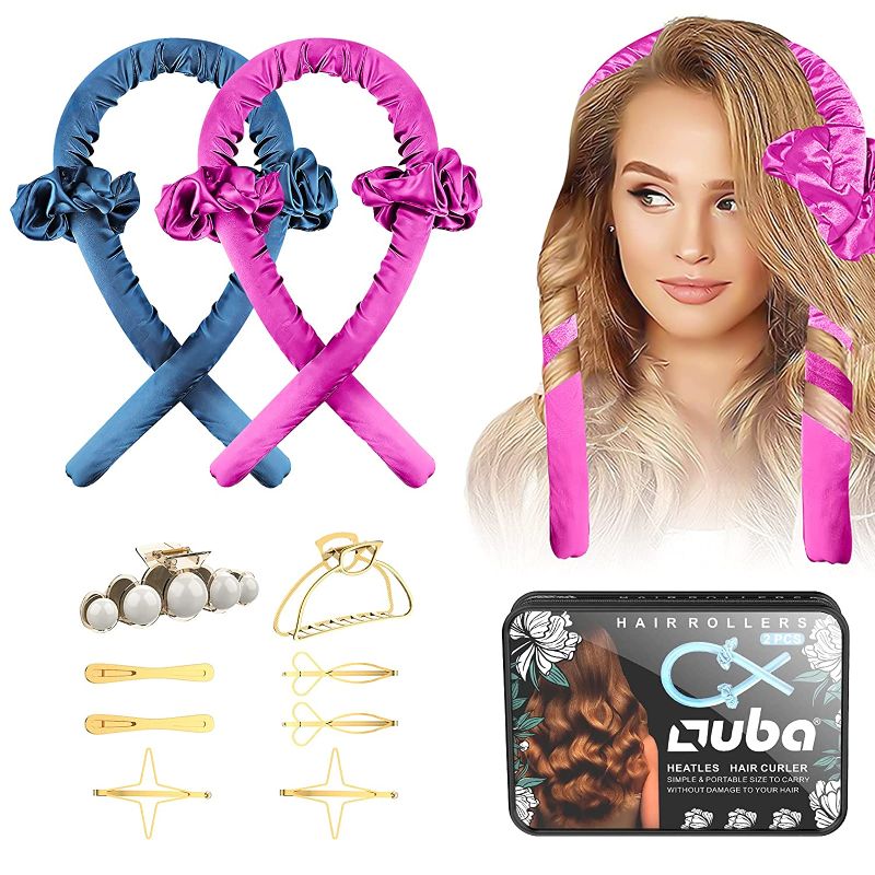 Photo 1 of 2 PCS OUBA Tik Tok Heatless [Hair Curlers] For Long Hair, No Heat DIY Hair Styling Tool Flexi Rod Headband Silk Curls, Soft Rubber Hair Rollers, Curling Ribbon for Natural Hair - Pink Red & Blue