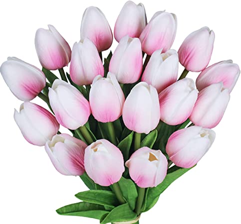 Photo 1 of 20 Pcs Artificial Pink Tulips Flowers Faux Tulip Stems PU Real Touch Tulips for Easter Spring Wreath Floral Arrangement Centerpiece Wedding Bouquets Baby Shower Decoration 14" Tall - 2PKS WITH Entrancing Elegance Pampas - White