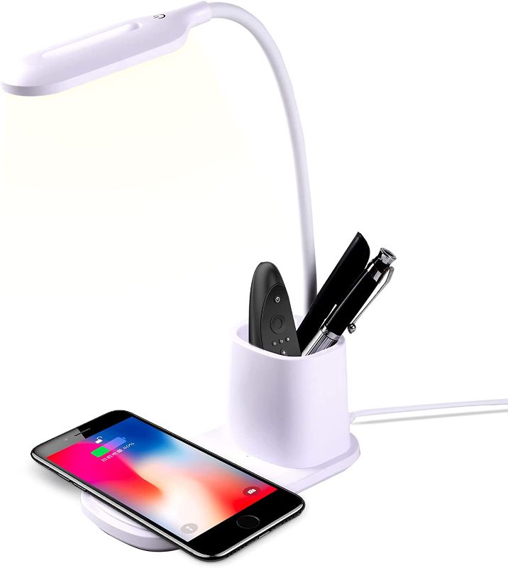 Photo 1 of LED Desk Lamp with Wireless Charger, Touch Control Table Lamps with 360°Flexible Metal Hose & Pen Holder, 3 Color Modes Eye-Caring Office Lamp, Desk Light for Home, Office, Bedroom (White, Keadeso)
