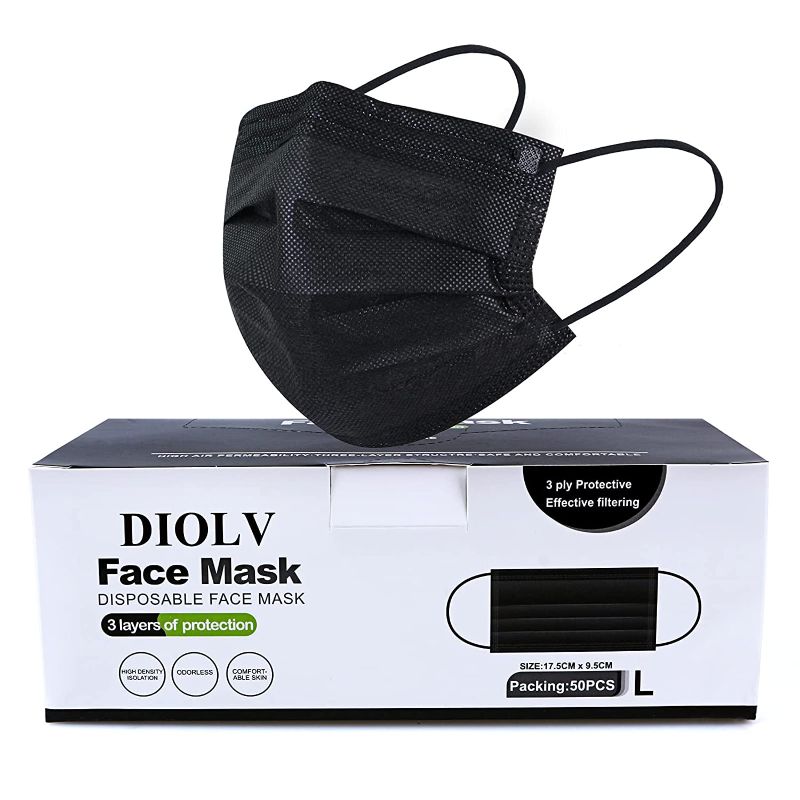 Photo 1 of 2- DIOLV 50Pcs Disposable Face Masks 3-PLY Protective Mask Jet Black