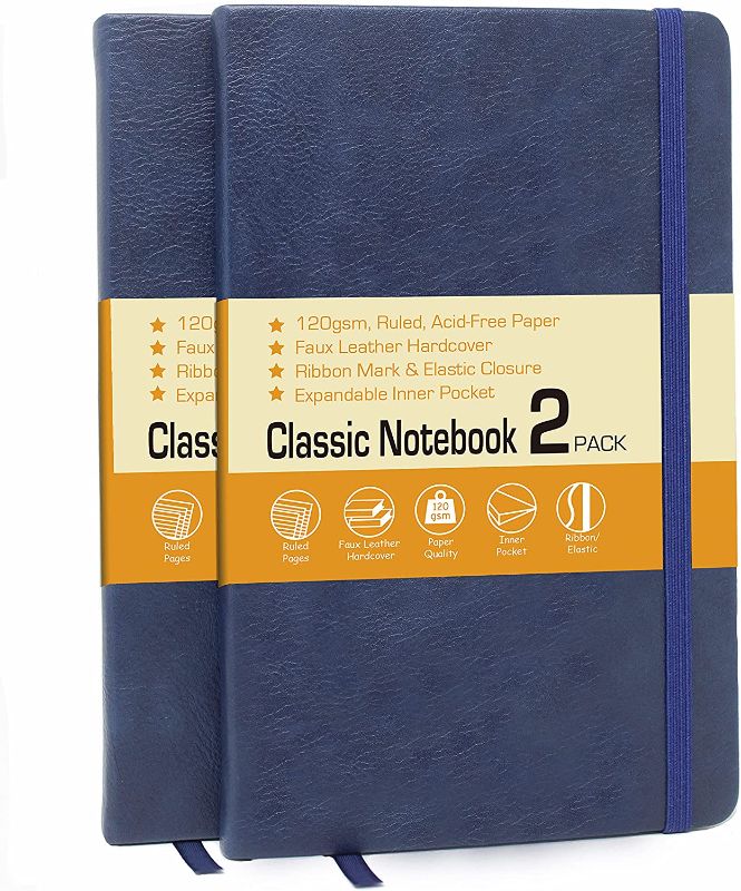 Photo 1 of ***PACK OF 2***LYTek Journal Notebook Lined Classic Hardcover – For Work, Home, School, 5.25 x 8.25 inches, 120GSM Paper, with Elastic Band Closure,Ribbon Bookmark and Inner Pocket, Blue, 2 Pack