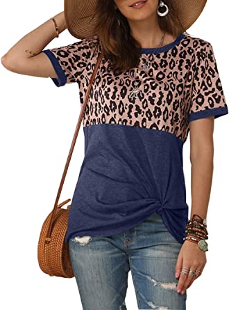 Photo 1 of Bunanphy Womens Short/Long Sleeve Round Neck Leopard Color Block Side Twist Cute Blouse Tunic Top T Shirt size medium