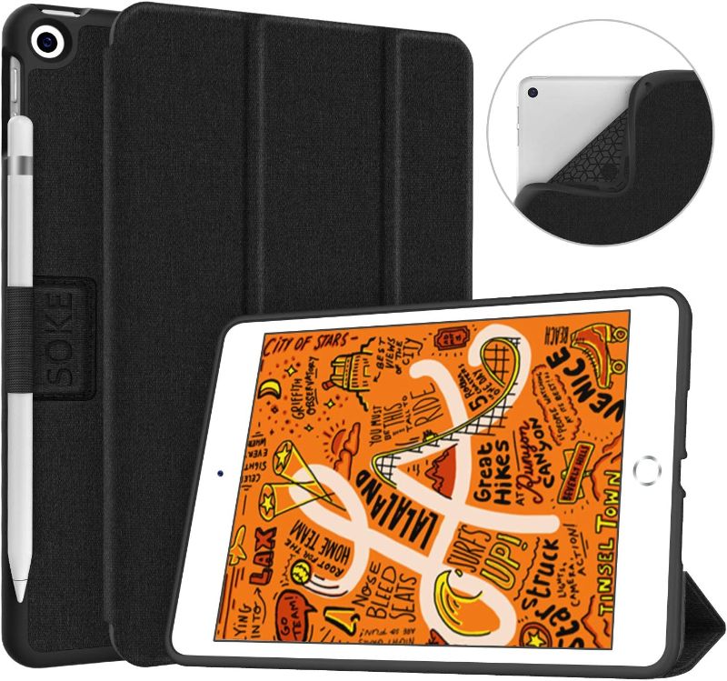 Photo 1 of Soke iPad Mini 5 Case 2019 with Pencil Holder, Premium Trifold Case with Strong Protection, Ultra Slim Soft TPU Back Cover with Auto Sleep/Wake Function for Apple iPad Mini 5th Gen,Black