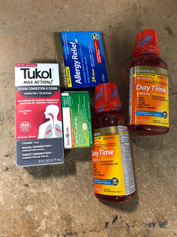 Photo 1 of *** MEDICINE BUNDLE***
TUKOL Max Action Severe Cough Suppressant ( BB 1/24)
2 GoodSense Non-Drowsy Daytime Cold and Flu 12 Oz ( BB 07/22)
GoodSense Allergy Relief Loratadine Tablets 10 mg, ( BB 8/22)
Amazon Basic Care All Day Allergy Relief, Cetirizine Hy