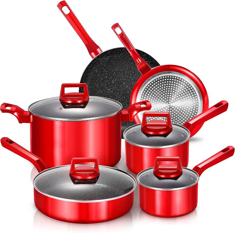 Photo 1 of 10 Pcs Pots and Pans Sets, Nonstick Cookware Set, Induction Pan Set, Chemical-Free Kitchen Sets, Stone-Derived Coating, Saucepan, Saute Pan with Lid, Frying Pan, Red
