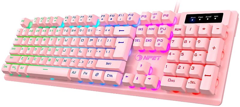 Photo 1 of NPET K10 Gaming Keyboard, LED Backlit, Spill-Resistant Design, Multimedia Keys, Quiet Silent USB Membrane Keyboard for Desktop, Computer, PC (Pink)
