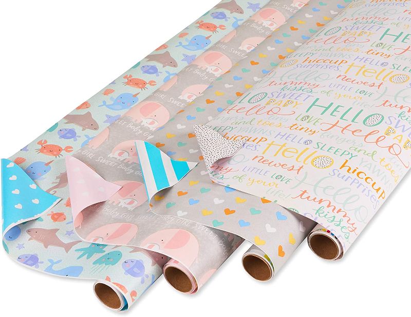 Photo 1 of American Greetings Reversible Baby Shower Wrapping Paper, Animals and Hearts (4 Rolls, 160 sq. ft)
