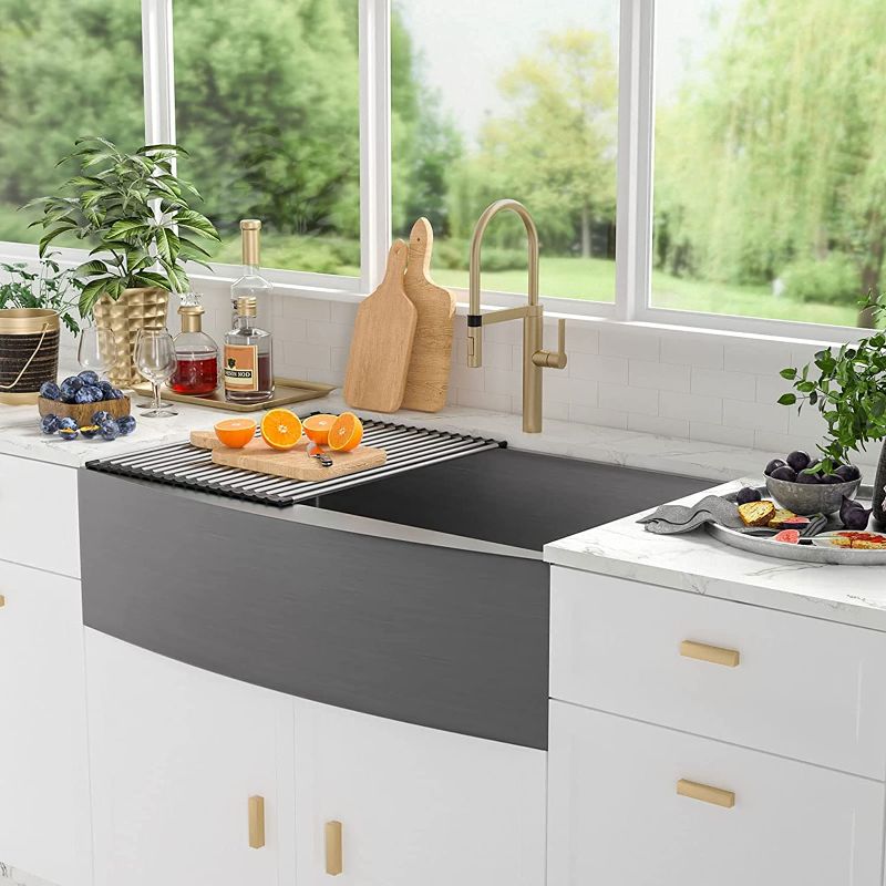 Photo 1 of 30 Black Farmhouse Sink-Brzkyr 30"x21" Matte Black Stainless Steel Farmhouse Apron Front Kitchen Kitchen Sink 16 Gauge R10 Curved Front Gunmetal Deep Single Bowl Farm Sink
