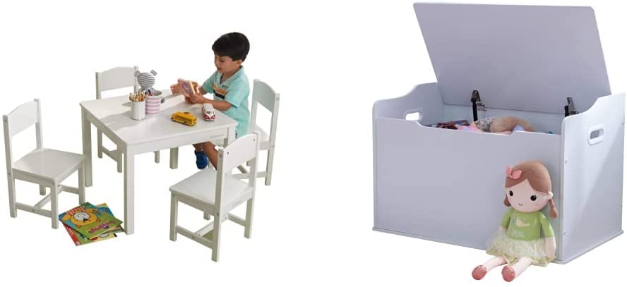 Photo 1 of KidKraft Wooden Farmhouse Table & 4 Chairs Set, Children's Furniture for Arts and Activity - White, Gift for Ages 3-8 & Austin Wooden Toy Box/Bench with Safety Hinged Lid, White, Gift for Ages 3+
