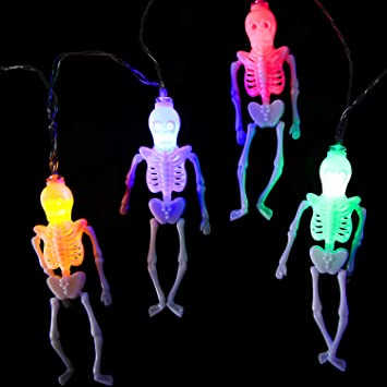 Photo 1 of Elcoho 10 Feet 20 LEDs Halloween Skeleton Skull String Lights, Colorful Fairy Lights, Battery Operated with 8 Flash Modes, Remote and Timer for Halloween Party Decorations 2 pack 
