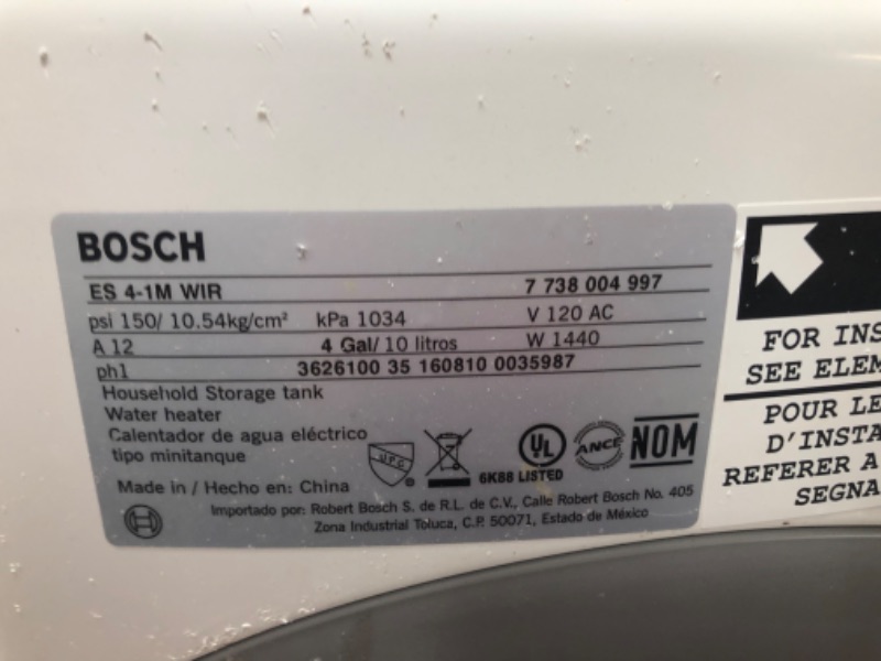 Photo 3 of (NOT FUNCTIONAL) Bosch Electric Mini-Tank Water Heater Tronic 3000 T 4-Gallon (ES4) - Eliminate Time for Hot Water - Shelf, Wall or Floor Mounted