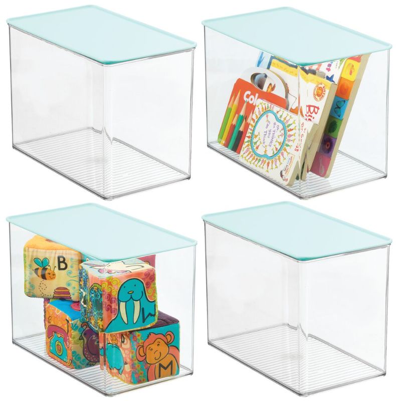 Photo 1 of (MISSING 2SETS; CRACKED LID) Plastic Toy Storage Box with Contrast Lid in Clear/Mint Green, Set of 4, by MDesign
